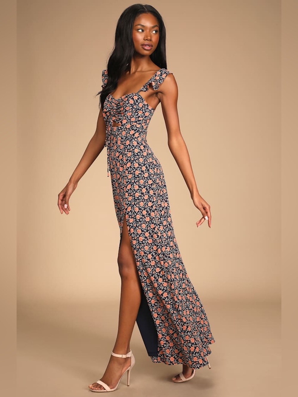 Lulu’s Floral Maxi Dress in Navy and Coral, Size Medium, NWT